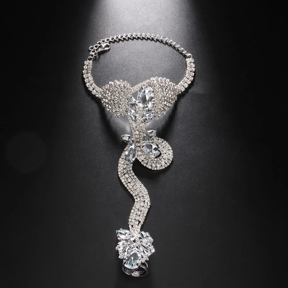Exaggerate Rhinestone Snake Bracelet for Women Statement Crystal Chunky Finger Chain Bracelet  Goth Jewelry Prom Accessories
