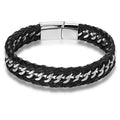 New Design Hot Sale Stainless Steel Handmade Chain Genuine Leather Bracelet Engraved Logo Charm Black Silver Leather Wrap Bangle