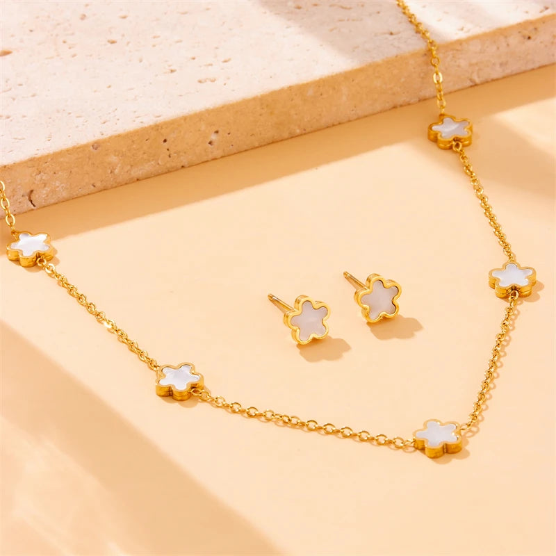 DIEYURO 316L Stainless Steel White Sea Shell Five Leaf Flower Necklace Bracelet Suit Womens 2024 New TrendNon-fadingjewelry Set