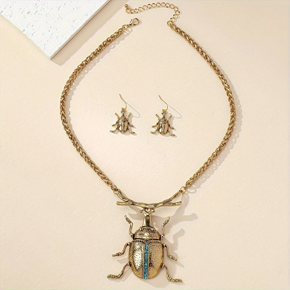 Retro Style Metal Chain Necklace with Beetle Pendant, Same Series Beetle Shaped Earrings Set