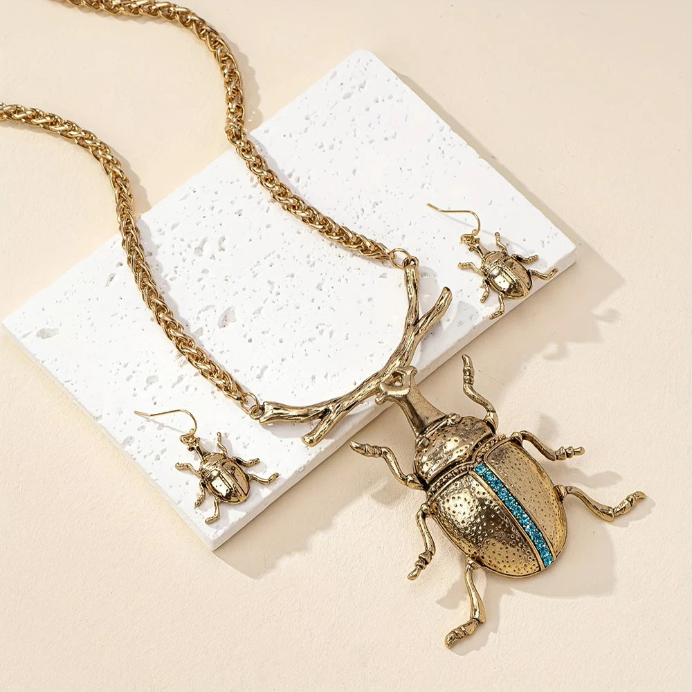 Retro Style Metal Chain Necklace with Beetle Pendant, Same Series Beetle Shaped Earrings Set