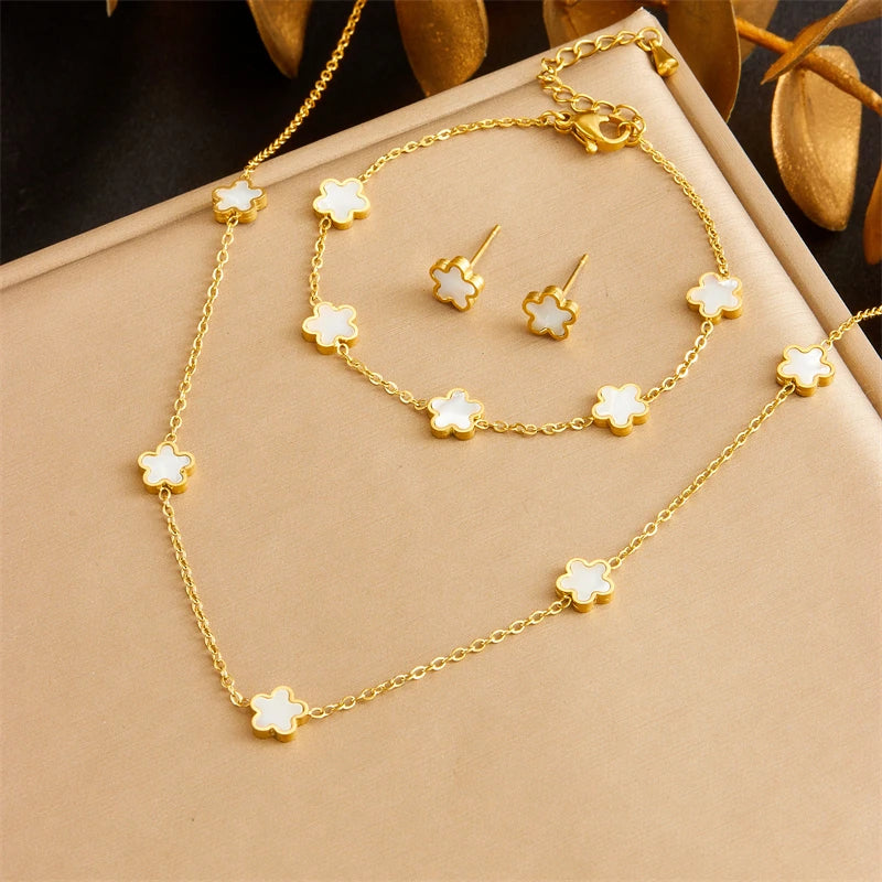 DIEYURO 316L Stainless Steel White Sea Shell Five Leaf Flower Necklace Bracelet Suit Womens 2024 New TrendNon-fadingjewelry Set