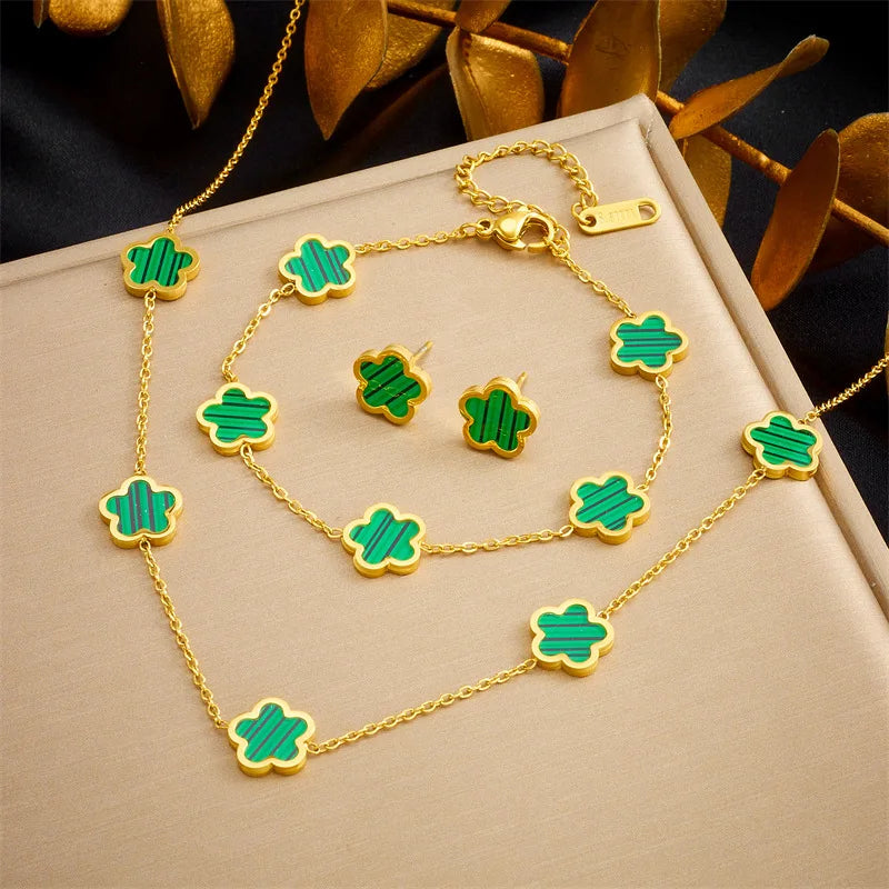 Stainless Steel Jewelry Set Five Clover With White Mother  Of Pearl Necklace Bracelet & Earrings, Elegant Women’s Accessories