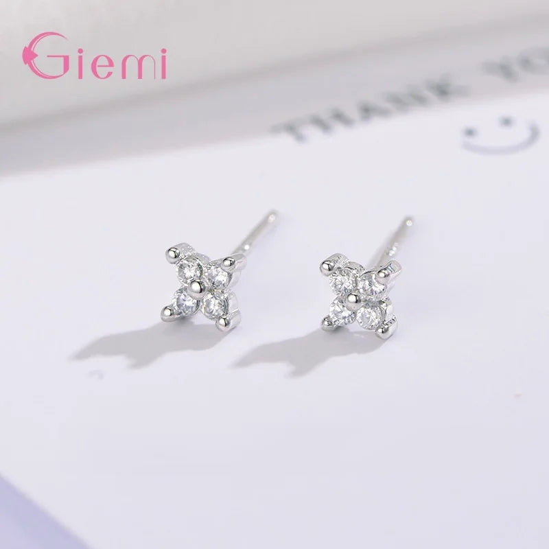 100% Real 925 Sterling Silver Clover Stud Earrings Bright Zircon Earrings For Women Girl Fashion Trendy Jewelry
