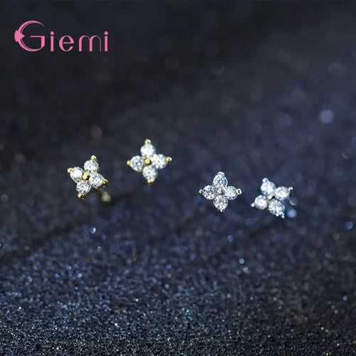 100% Real 925 Sterling Silver Clover Stud Earrings Bright Zircon Earrings For Women Girl Fashion Trendy Jewelry