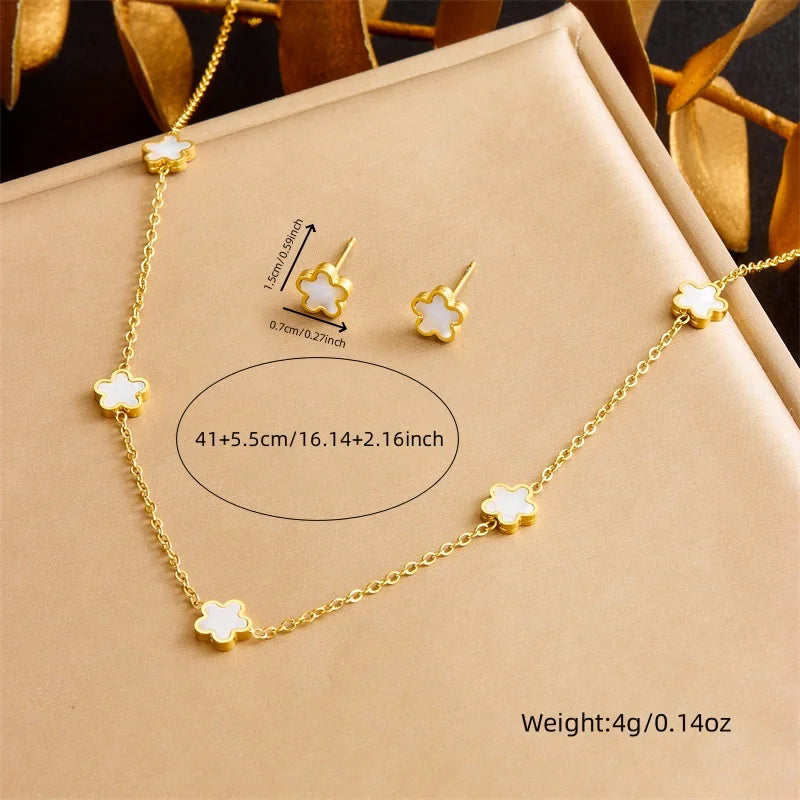 DIEYURO 316L Stainless Steel White Sea Shell Five Leaf Flower Necklace Bracelet Suit Womens 2024 New TrendNon-fadingjewelry Set