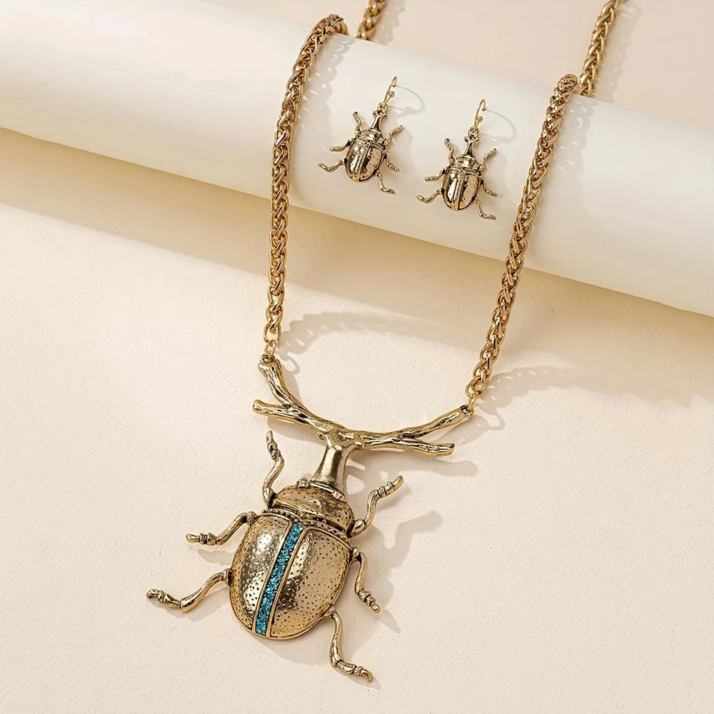 Retro Style Metal Chain Necklace with Beetle Pendant, Same Series Beetle Shaped Earrings Set