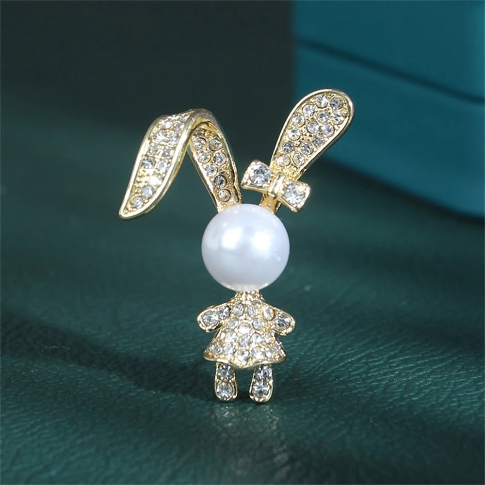 Cute Rabbit Rhinestone Brooch Pearl Metal Lapel Pins for Women Girl Sweater Backpack Stylish Pins Jewelry Accessories Gift