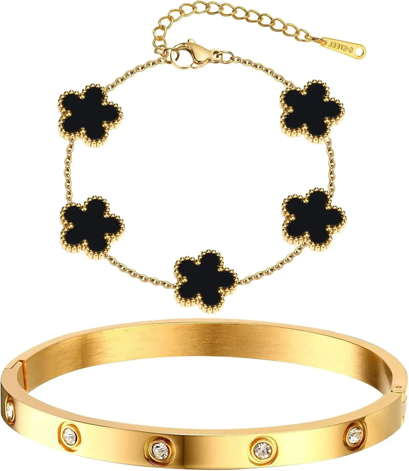 2 Pcs Women's Stackable Gold Bracelets Bangle Jewelry Set 14K Gold Plated Floral Non Tarnish Cubic Zirconia Bangle Luxury Gift