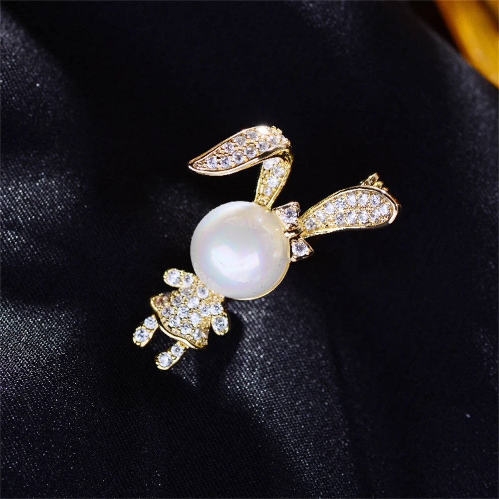 Cute Rabbit Rhinestone Brooch Pearl Metal Lapel Pins for Women Girl Sweater Backpack Stylish Pins Jewelry Accessories Gift