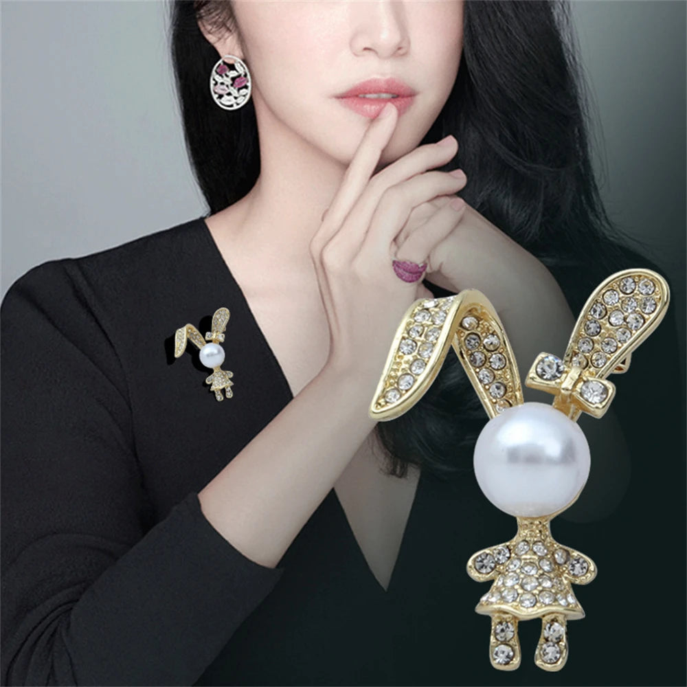 Cute Rabbit Rhinestone Brooch Pearl Metal Lapel Pins for Women Girl Sweater Backpack Stylish Pins Jewelry Accessories Gift