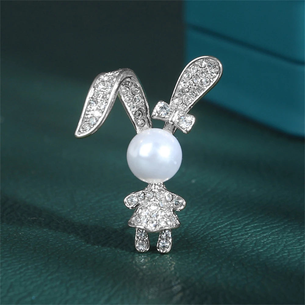 Cute Rabbit Rhinestone Brooch Pearl Metal Lapel Pins for Women Girl Sweater Backpack Stylish Pins Jewelry Accessories Gift