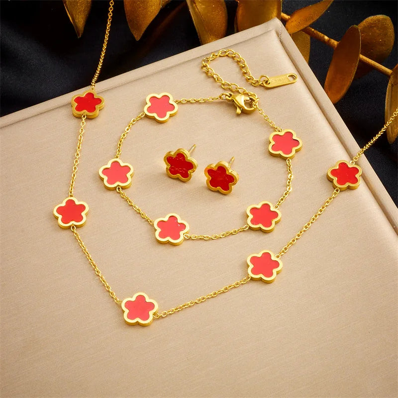 Stainless Steel Jewelry Set Five Clover With White Mother  Of Pearl Necklace Bracelet & Earrings, Elegant Women’s Accessories