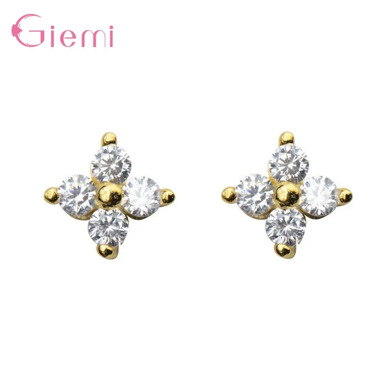 100% Real 925 Sterling Silver Clover Stud Earrings Bright Zircon Earrings For Women Girl Fashion Trendy Jewelry