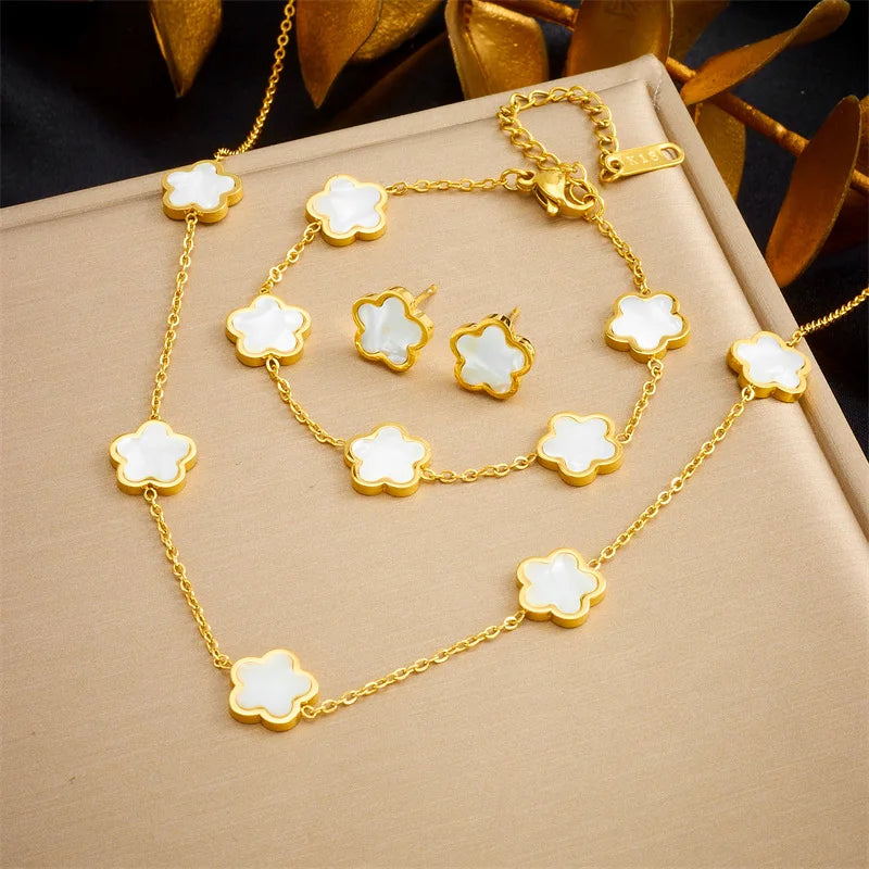 Stainless Steel Jewelry Set Five Clover With White Mother  Of Pearl Necklace Bracelet & Earrings, Elegant Women’s Accessories