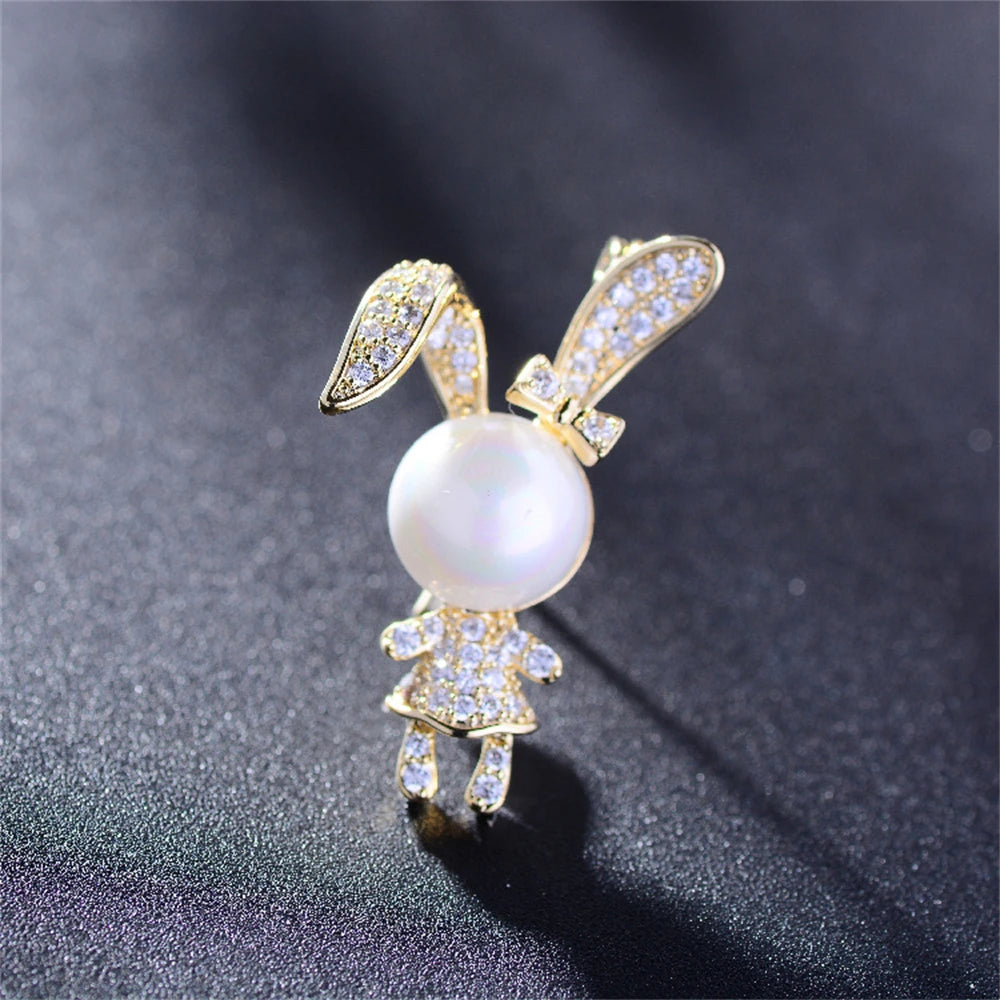 Cute Rabbit Rhinestone Brooch Pearl Metal Lapel Pins for Women Girl Sweater Backpack Stylish Pins Jewelry Accessories Gift