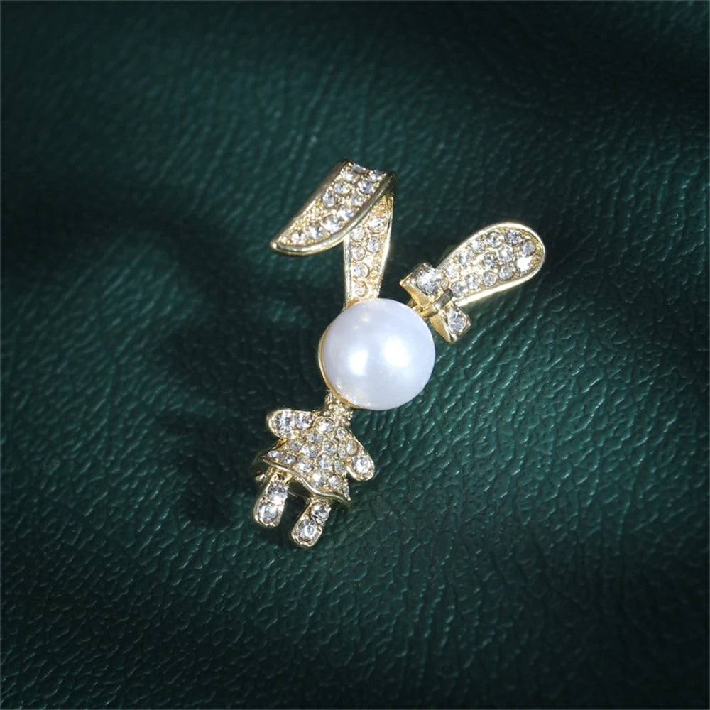 Cute Rabbit Rhinestone Brooch Pearl Metal Lapel Pins for Women Girl Sweater Backpack Stylish Pins Jewelry Accessories Gift
