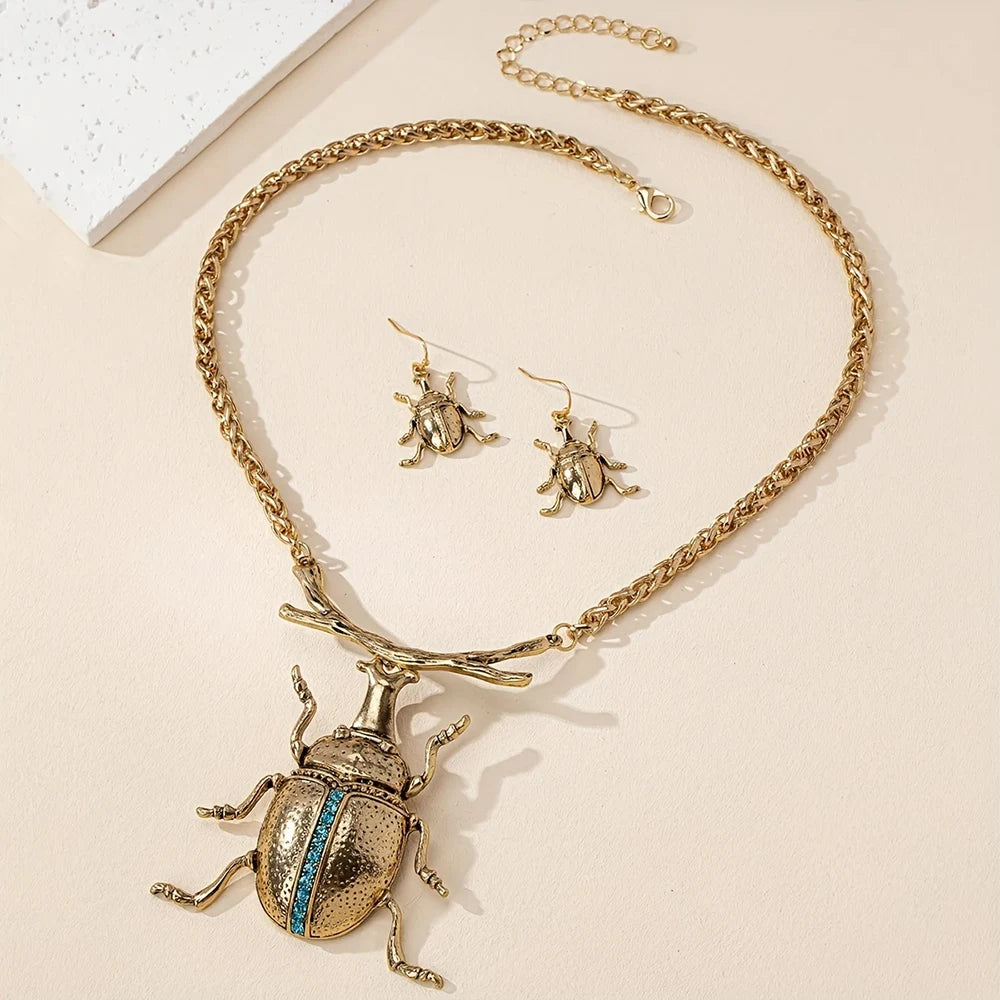 Retro Style Metal Chain Necklace with Beetle Pendant, Same Series Beetle Shaped Earrings Set