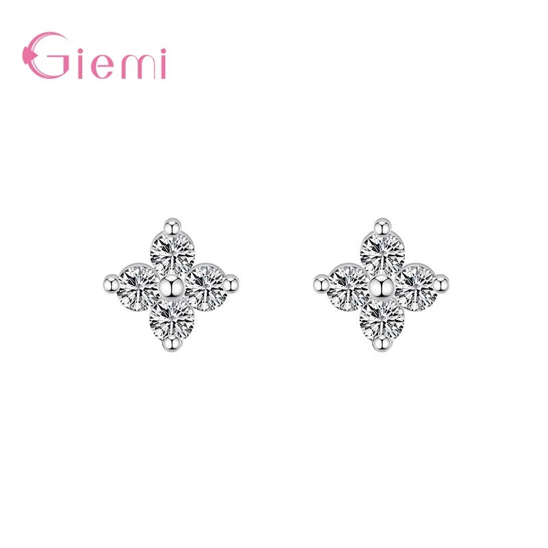 100% Real 925 Sterling Silver Clover Stud Earrings Bright Zircon Earrings For Women Girl Fashion Trendy Jewelry
