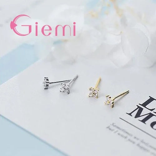 100% Real 925 Sterling Silver Clover Stud Earrings Bright Zircon Earrings For Women Girl Fashion Trendy Jewelry