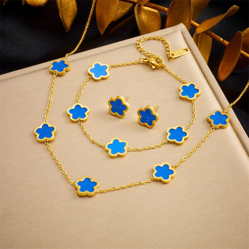 Stainless Steel Jewelry Set Five Clover With White Mother  Of Pearl Necklace Bracelet & Earrings, Elegant Women’s Accessories