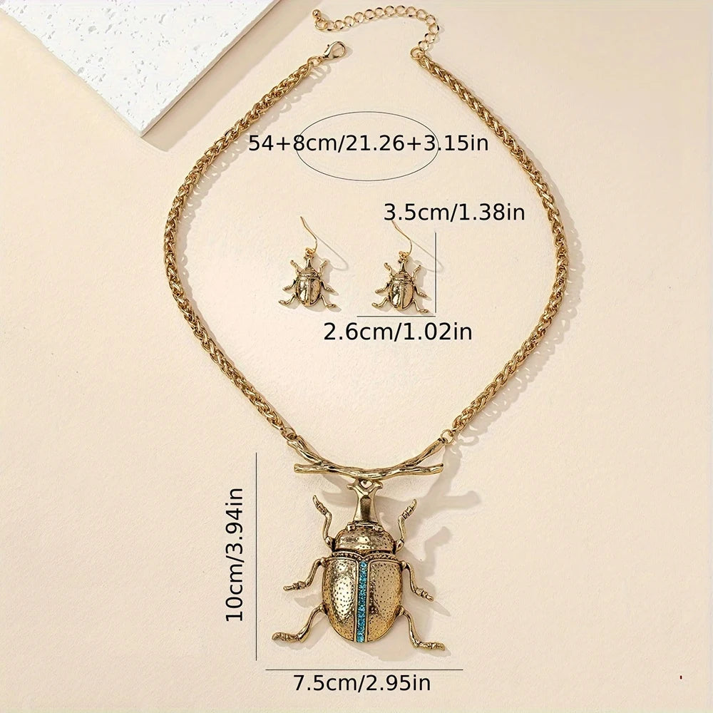 Retro Style Metal Chain Necklace with Beetle Pendant, Same Series Beetle Shaped Earrings Set