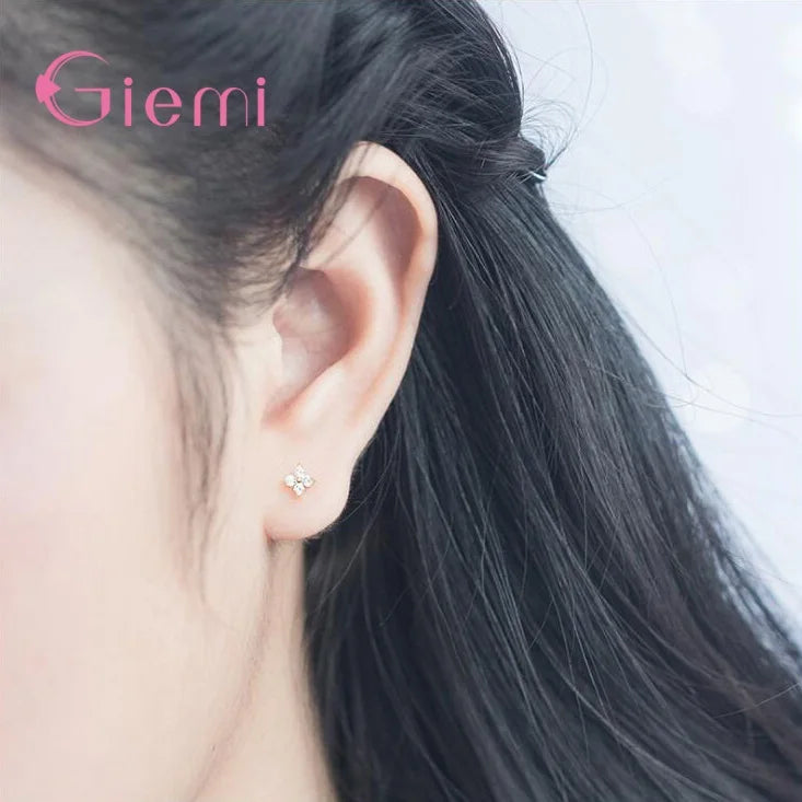 100% Real 925 Sterling Silver Clover Stud Earrings Bright Zircon Earrings For Women Girl Fashion Trendy Jewelry