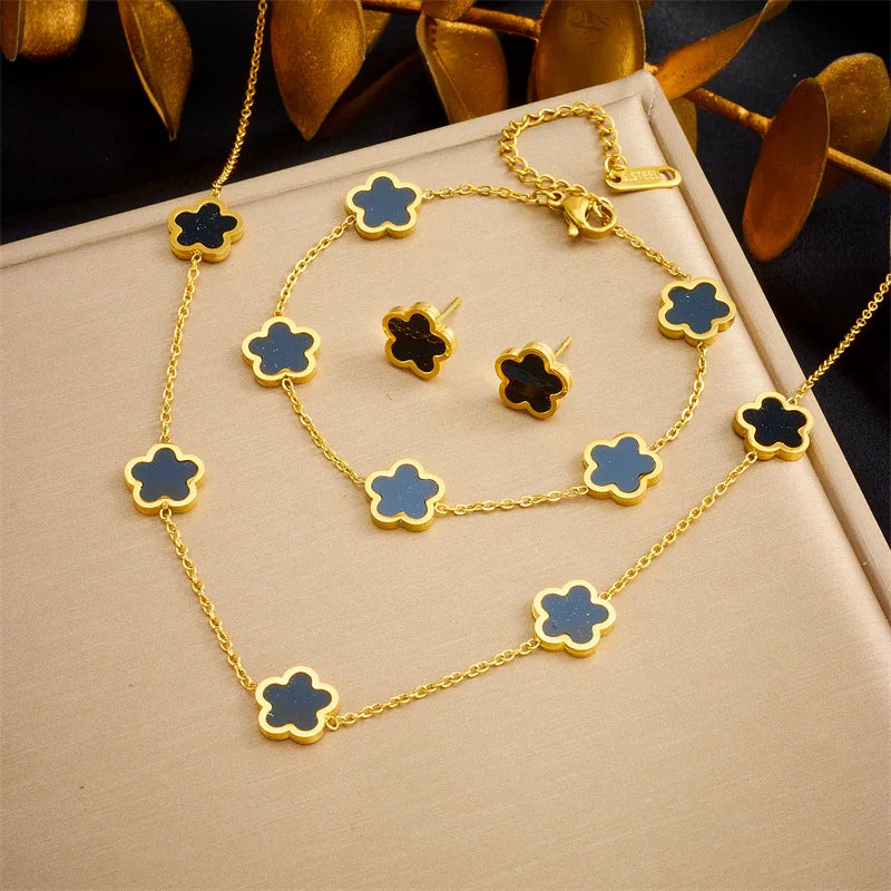 Stainless Steel Jewelry Set Five Clover With White Mother  Of Pearl Necklace Bracelet & Earrings, Elegant Women’s Accessories